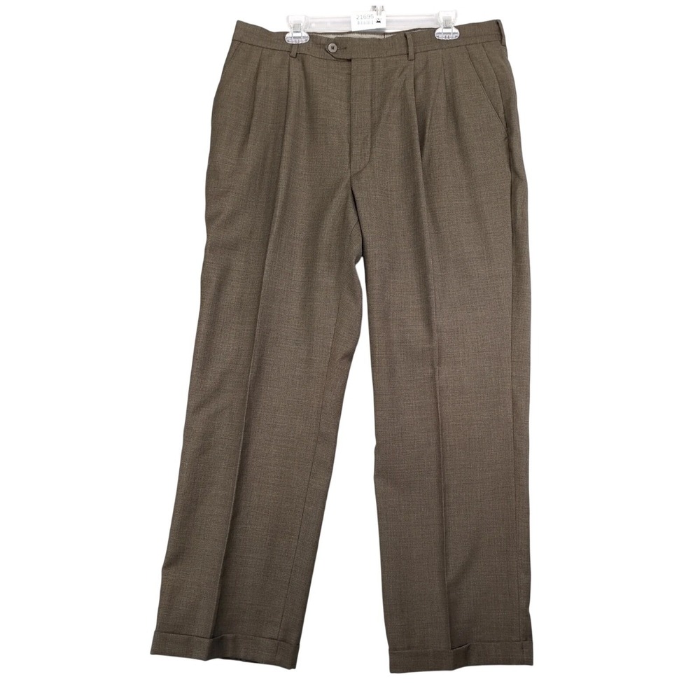 Members Mark Brown Wool Dress Pants Mens 38x31 Super 130s Pleated Classic Career